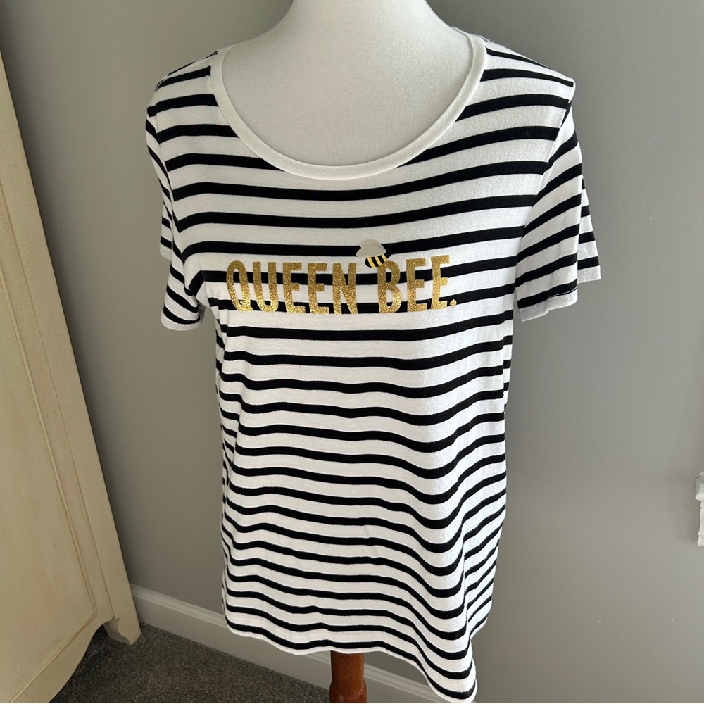 kate spade Black & White Striped Scoop Neck Tee with Gold 'QUEEN BEE'